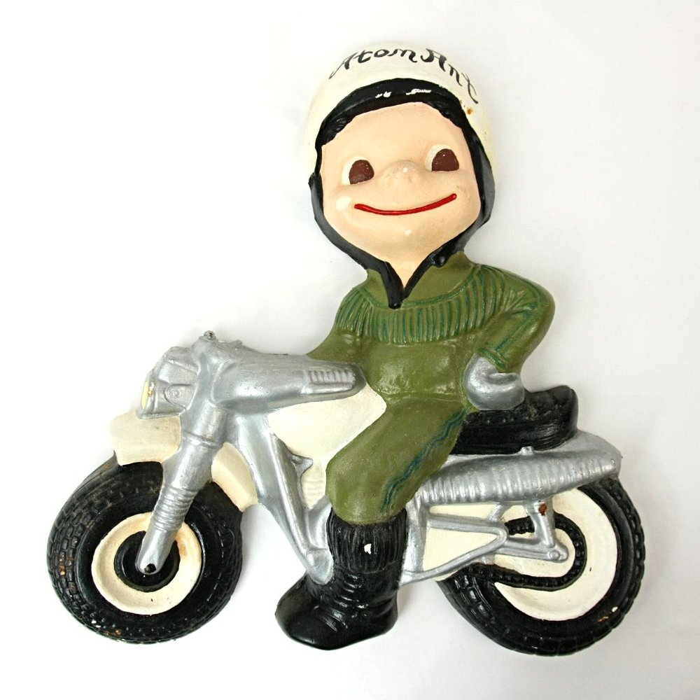 Vintage Motorcycle Rider Atom Ant Hand Painted Plaster Wall Art Chalkware 1970s